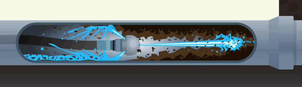 demonstration of a hydro jet cleaning a pipe, shows the forward spray to initiate breakup of the blockage, then the spinning after jets that clear it away.