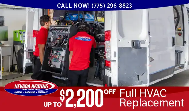 Nevada Heating Technicians carrying a new HVAC system off truck - Up to $2,200 Off Full HVAC Replacement promotional coupon image