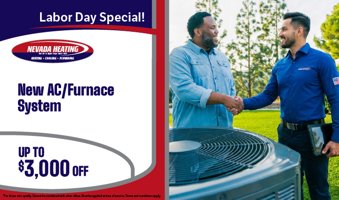 Nevada Heating August promotional deliverable - 'New AC/Furnace System, Up To $3,000 Off.' Nevada Heating technician in a branded blue shirt shaking hands with a customer beside an exterior residential AC condenser unit in a landscaped yard. Carries the 'Labor Day Special!' headline.