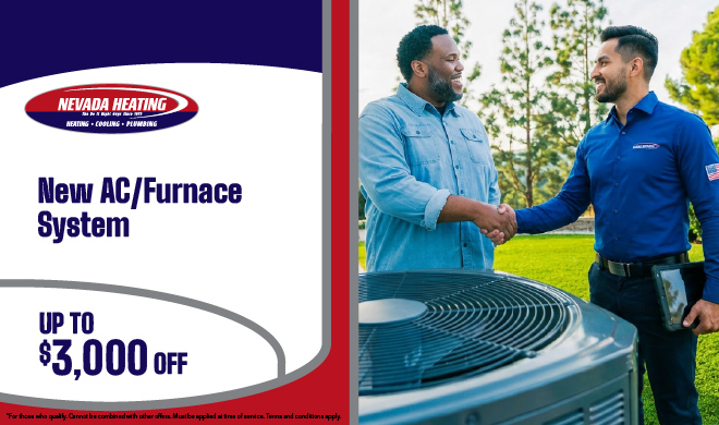 Nevada Heating August promotional deliverable - 'New AC/Furnace System, Up To $3,000 Off.' Nevada Heating technician in a branded blue shirt shaking hands with a customer beside an exterior residential AC condenser unit in a landscaped yard.