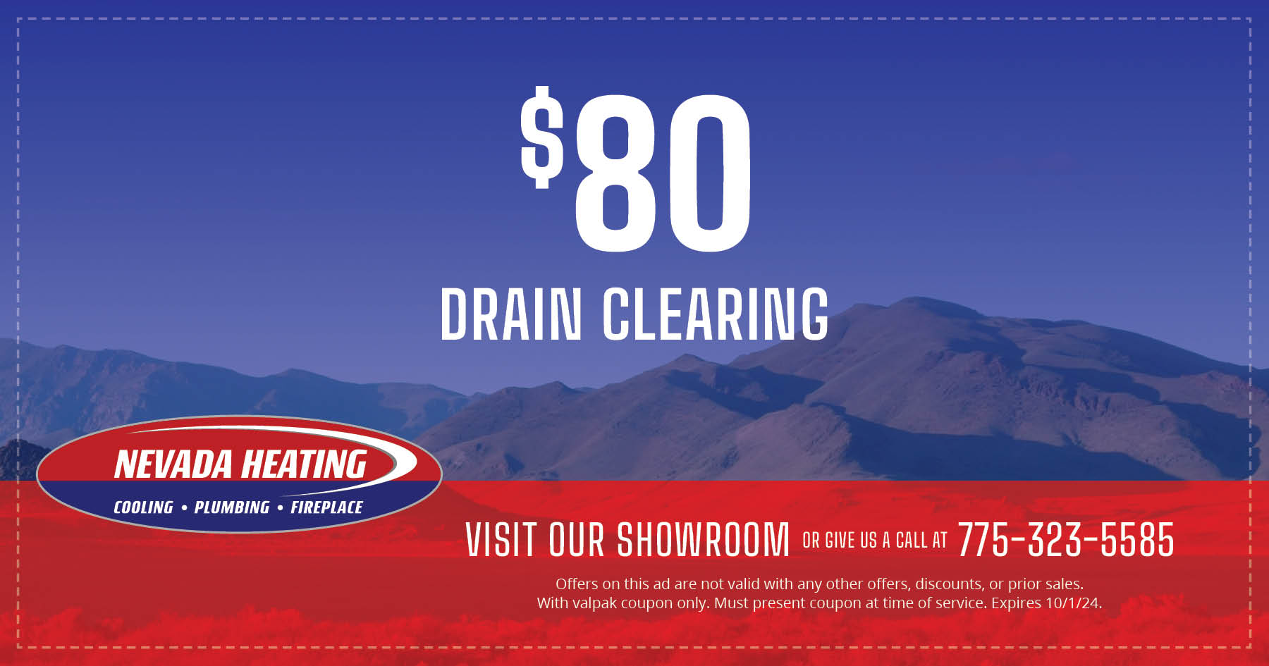 Coupon for $80 drain clearing. Expires 10/1/24.