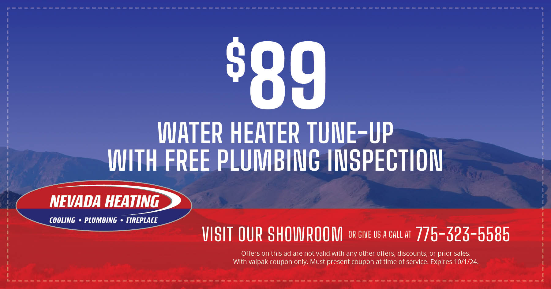 Coupon for $89 water heat tune up with free plumbing inspection. Expires 10/1/24.